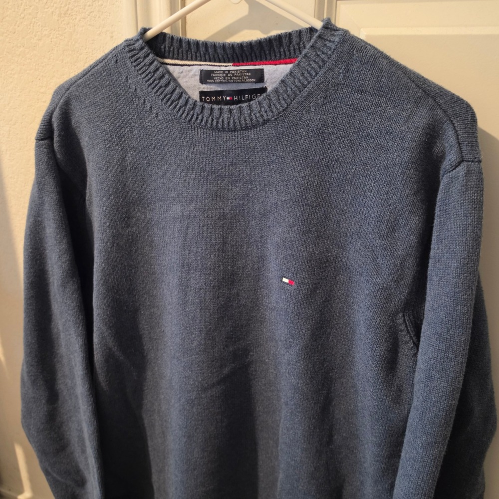 Tommy Hilfiger Mens Blue Cotton Crewneck Sweater Size Medium Embroidered Logo
